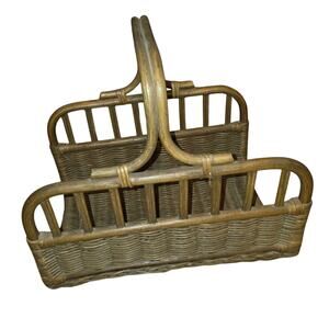 Vtg 1960s Rattan Wicker Bamboo Magazine Stand Rack Towel Holder Edgewater Lodge